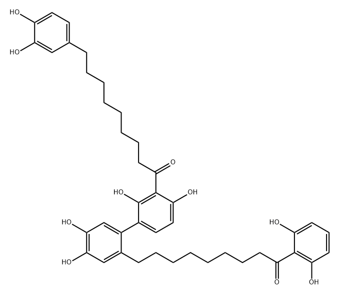 1-Nonanone, 1-(2,6-dihydroxyphenyl)-9-[3'-[9-(3,4-dihydroxyphenyl)-1-oxononyl]-2',4,4',5-tetrahydroxy[1,1'-biphenyl]-2-yl]- 구조식 이미지