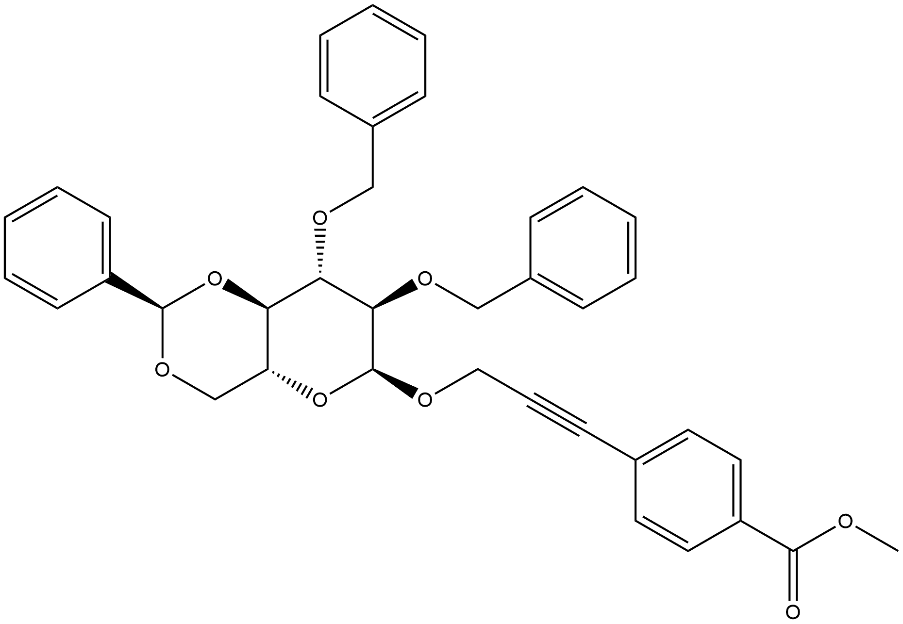 Benzoic acid, 4-[3-[[2,3-bis-O-(phenylmethyl)-4,6-O-[(R)-phenylmethylene]-α-D-glucopyranosyl]oxy]-1-propyn-1-yl]-, methyl ester Structure