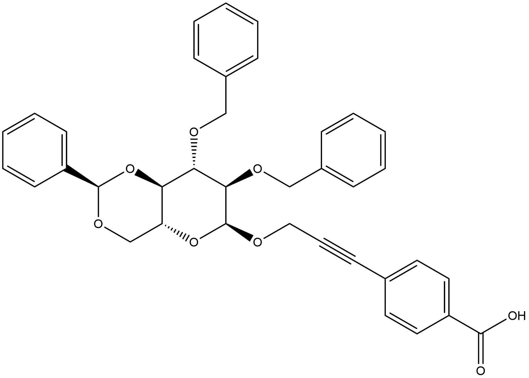 Benzoic acid, 4-[3-[[2,3-bis-O-(phenylmethyl)-4,6-O-[(R)-phenylmethylene]-α-D-glucopyranosyl]oxy]-1-propyn-1-yl]- Structure