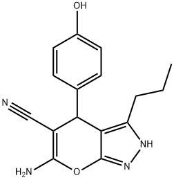 Pyrano[2,3-c]pyrazole-5-carbonitrile, 6-amino-2,4-dihydro-4-(4-hydroxyphenyl)-3-propyl- Structure