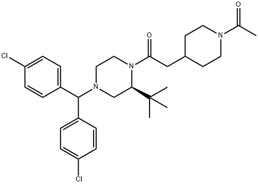 Ethanone, 2-(1-acetyl-4-piperidinyl)-1-[(2S)-4-[bis(4-chlorophenyl)methyl]-2-(1,1-dimethylethyl)-1-piperazinyl]- Structure