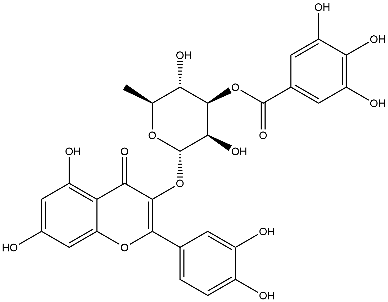 4H-1-Benzopyran-4-one, 3-[[6-deoxy-3-O-(3,4,5-trihydroxybenzoyl)-α-L-mannopyranosyl]oxy]-2-(3,4-dihydroxyphenyl)-5,7-dihydroxy- 구조식 이미지