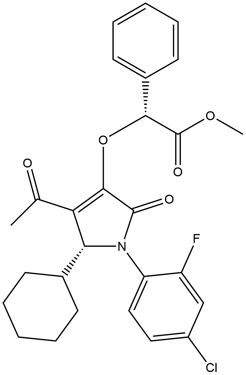 Benzeneacetic acid, α-[[(5R)-4-acetyl-1-(4-chloro-2-fluorophenyl)-5-cyclohexyl-2,5-dihydro-2-oxo-1H-pyrrol-3-yl]oxy]-, methyl ester, (αR)- Structure