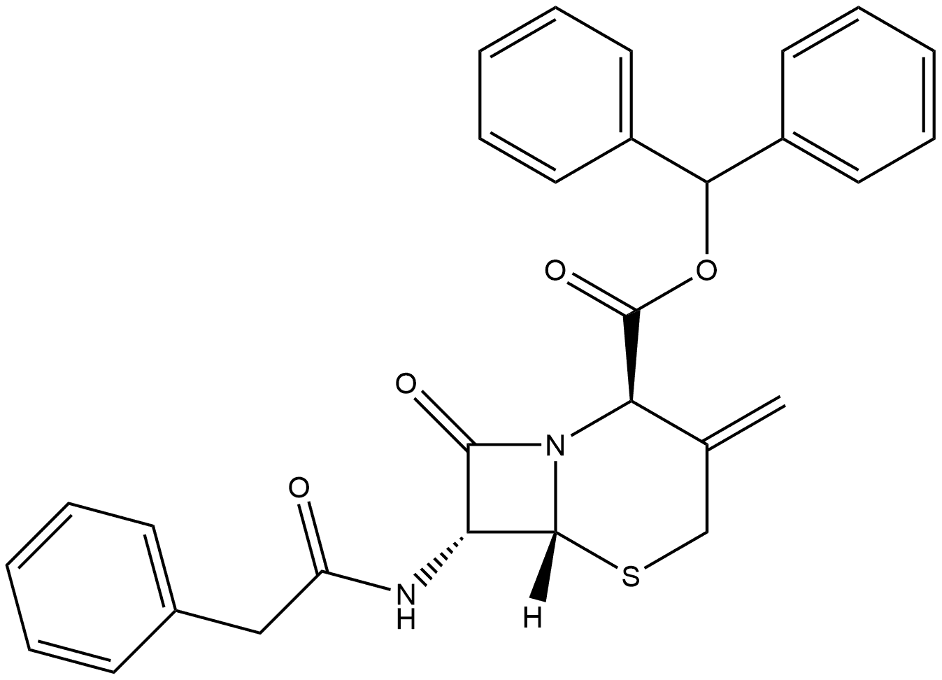 5-Thia-1-azabicyclo[4.2.0]octane-2-carboxylic acid, 3-methylene-8-oxo-7-[(phenylacetyl)amino]-, diphenylmethyl ester, [2R-(2α,6α,7β)]- (9CI) 구조식 이미지