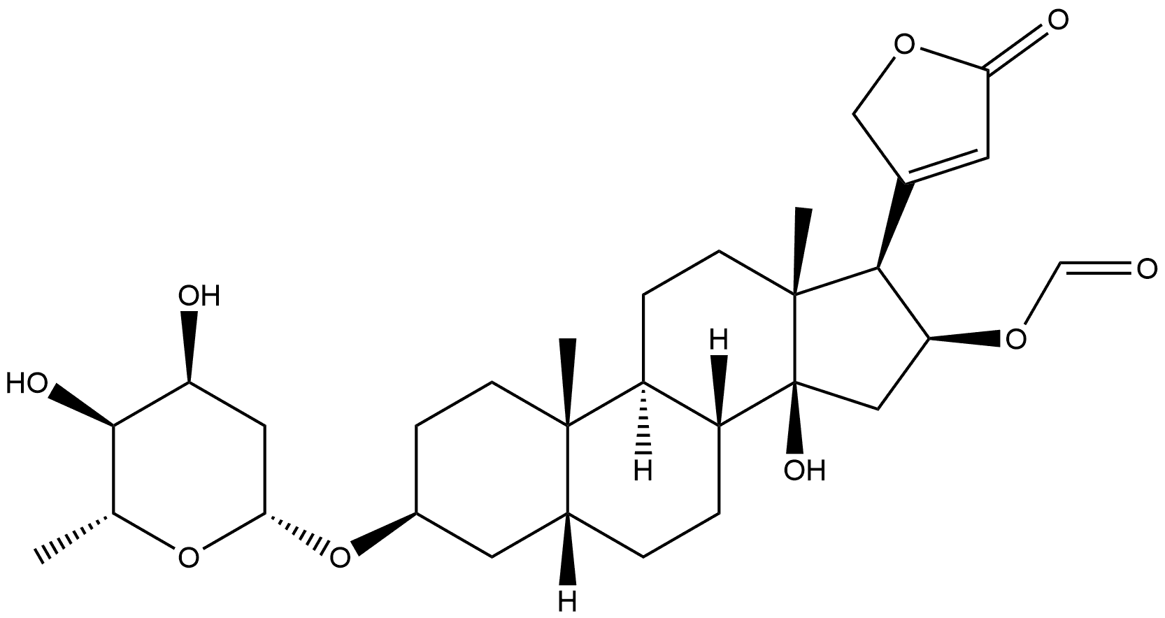 (3beta,5beta,16beta)-3-[(2,6-dideoxy-beta-D\-ribo-hexopyranosyl)oxy]-14,16-dihydroxycard-20(22)-enolide 16-formate 구조식 이미지