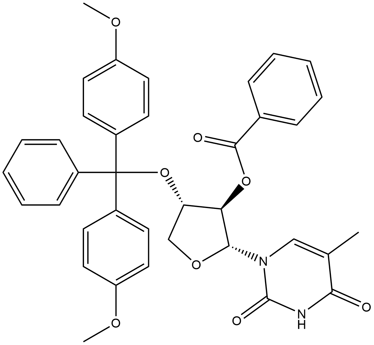 1-{2'-O-benzoyl-3'-O-[(4",4"'-dimethoxytriphenyl)methyl]-α-L-threofuranosyl}thymine Structure