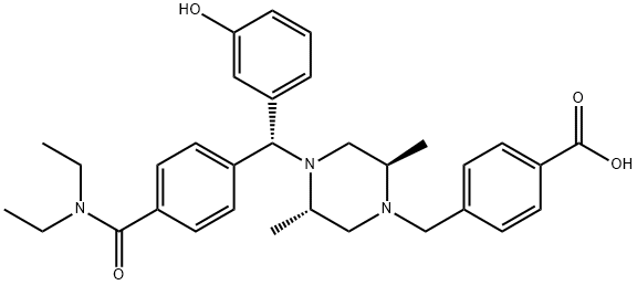 Benzoic acid, 4-[[(2R,5S)-4-[(R)-[4-[(diethylamino)carbonyl]phenyl](3-hydroxyphenyl)methyl]-2,5-dimethyl-1-piperazinyl]methyl]- Structure