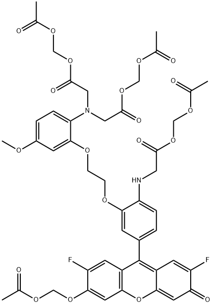 Glycine, N-[2-[2-[5-[6-[(acetyloxy)methoxy]-2,7-difluoro-3-oxo-3H-xanthen-9-yl]-2-[[2-[(acetyloxy)methoxy]-2-oxoethyl]amino]phenoxy]ethoxy]-4-methoxyphenyl]-N-[2-[(acetyloxy)methoxy]-2-oxoethyl]-, (acetyloxy)methyl ester Structure