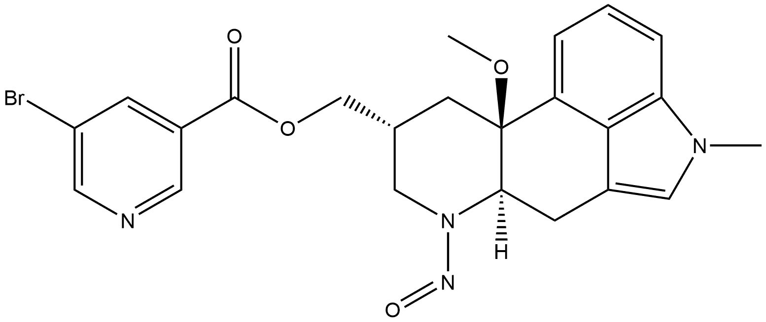 Ergoline-8-methanol, 10-methoxy-1-methyl-6-nitroso-, 5-bromo-3-pyridinecarboxylate (ester), (8β)- Structure