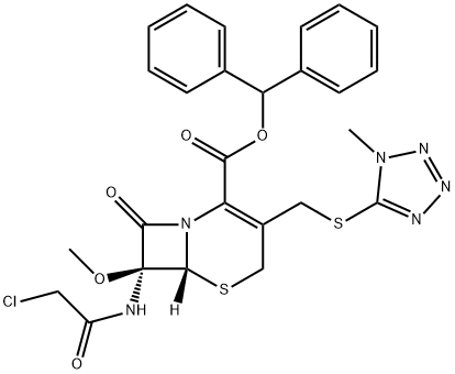 5-Thia-1-azabicyclo[4.2.0]oct-2-ene-2-carboxylic acid, 7-[(2-chloroacetyl)amino]-7-methoxy-3-[[(1-methyl-1H-tetrazol-5-yl)thio]methyl]-8-oxo-, diphenylmethyl ester, (6R,7S)- 구조식 이미지