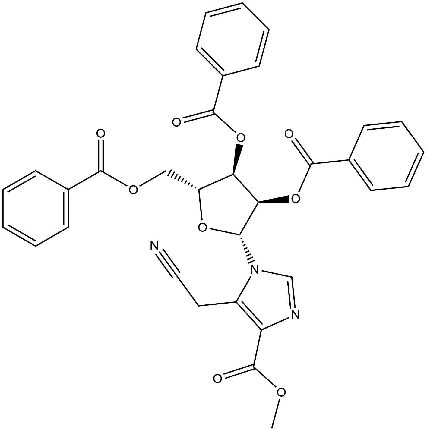 Methyl 5-(cyanomethyl)-1-(2,3,5-tri-O-benzoyl-β-D-ribofuranosyl)-1H-imidazole-4-carboxylate Structure