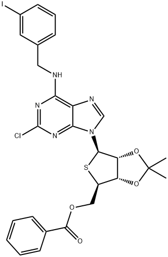 Adenosine, 2-chloro-N-[(3-iodophenyl)methyl]-2',3'-O-(1-methylethylidene)-4'-thio-, 5'-benzoate Structure