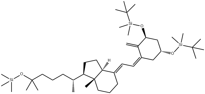 1H-Indene, 4-[(2Z)-2-[(3S,5R)-3,5-bis[[(1,1-dimethylethyl)dimethylsilyl]oxy]-2-methylenecyclohexylidene]ethylidene]-1-[(1R)-1,5-dimethyl-5-[(trimethylsilyl)oxy]hexyl]octahydro-7a-methyl-, (1R,3aS,4E,7aR)- 구조식 이미지