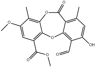 11H-Dibenzo[b,e][1,4]dioxepin-6-carboxylic acid, 4-formyl-3-hydroxy-8-methoxy-1,9-dimethyl-11-oxo-, methyl ester Structure