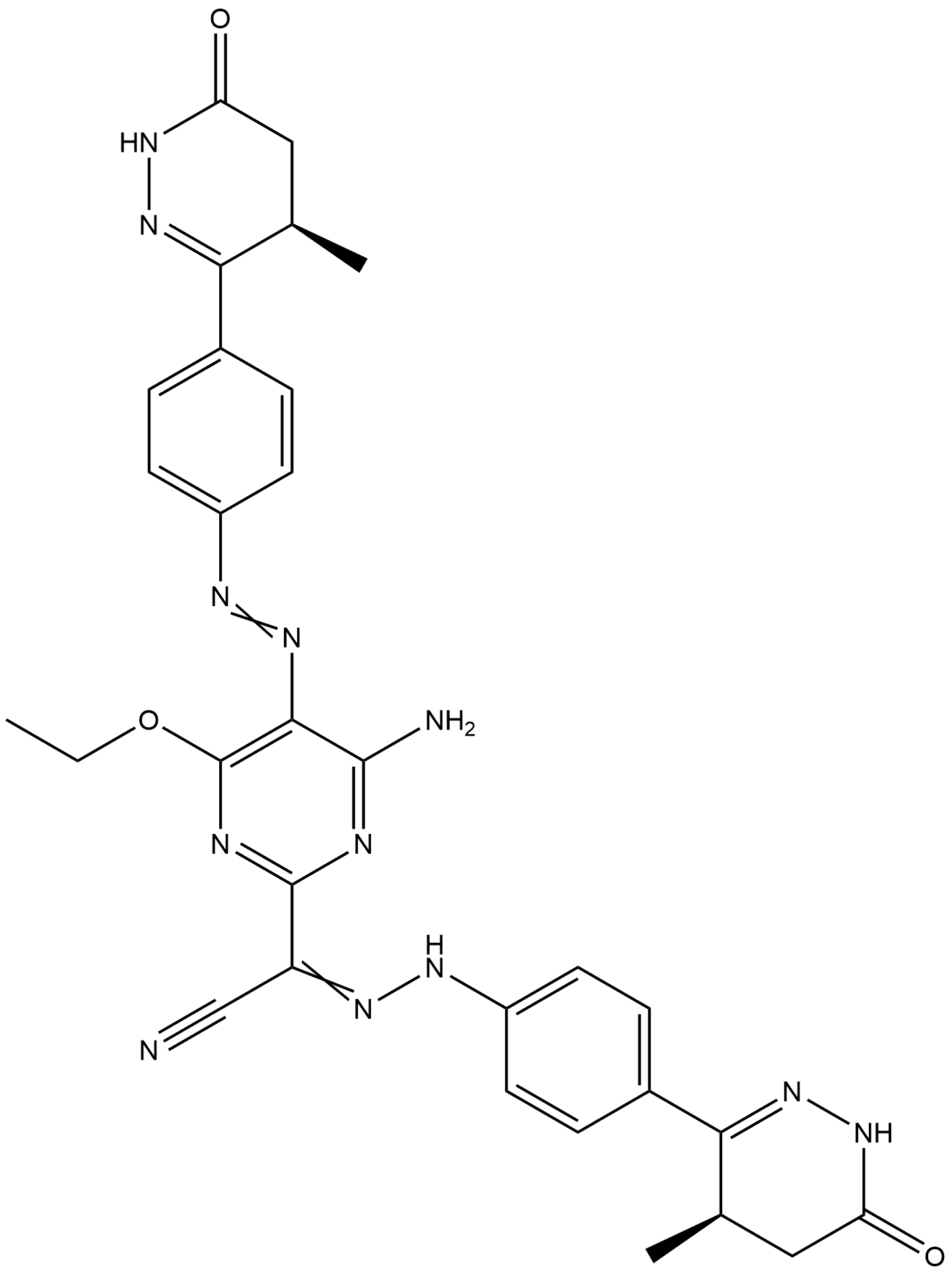 4-Amino-6-ethoxy-5-[[4-[(4R)-1,4,5,6-tetrahydro-4-methyl-6-oxo-3-pyridazinyl]phenyl]azo]-α-[[4-[(4R)-1,4,5,6-tetrahydro-4-methyl-6-oxo-3-pyridazinyl]phenyl]hydrazono]-2-pyrimidineacetonitrile 구조식 이미지