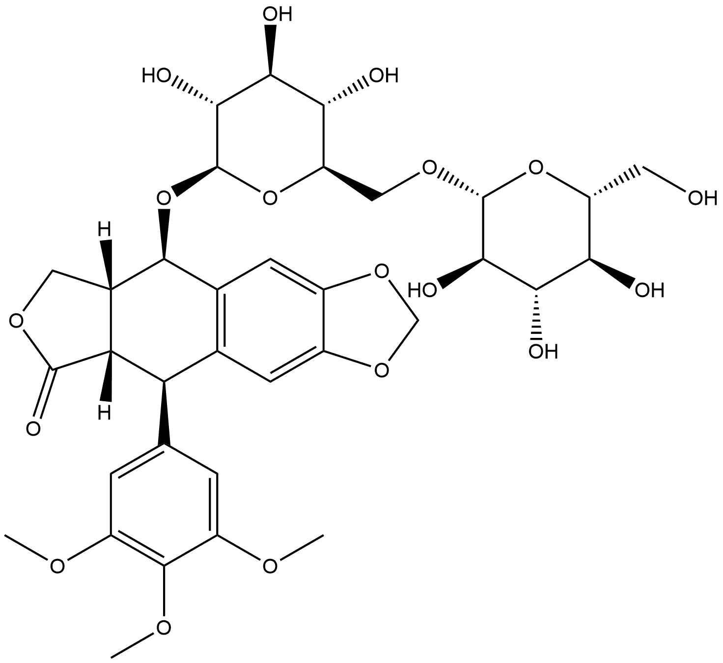 Furo[3',4':6,7]naphtho[2,3-d]-1,3-dioxol-6(5aH)-one, 9-[(6-O-β-D-glucopyranosyl-β-D-glucopyranosyl)oxy]-5,8,8a,9-tetrahydro-5-(3,4,5-trimethoxyphenyl)-, (5R,5aS,8aR,9R)- Structure