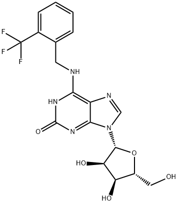 9-((2R,3R,4S,5R)-3,4-Dihydroxy-5-(hydroxymethyl)tetrahydrofuran-2-yl)-6-((2-(trifluoromethyl)benzyl)amino)-1H-purin-2(9H)-one 구조식 이미지