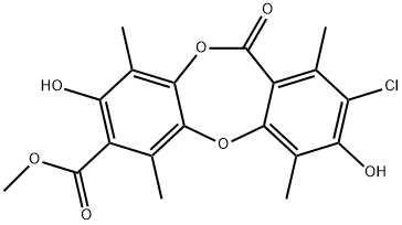 11H-Dibenzo[b,e][1,4]dioxepin-7-carboxylic acid, 2-chloro-3,8-dihydroxy-1,4,6,9-tetramethyl-11-oxo-, methyl ester Structure