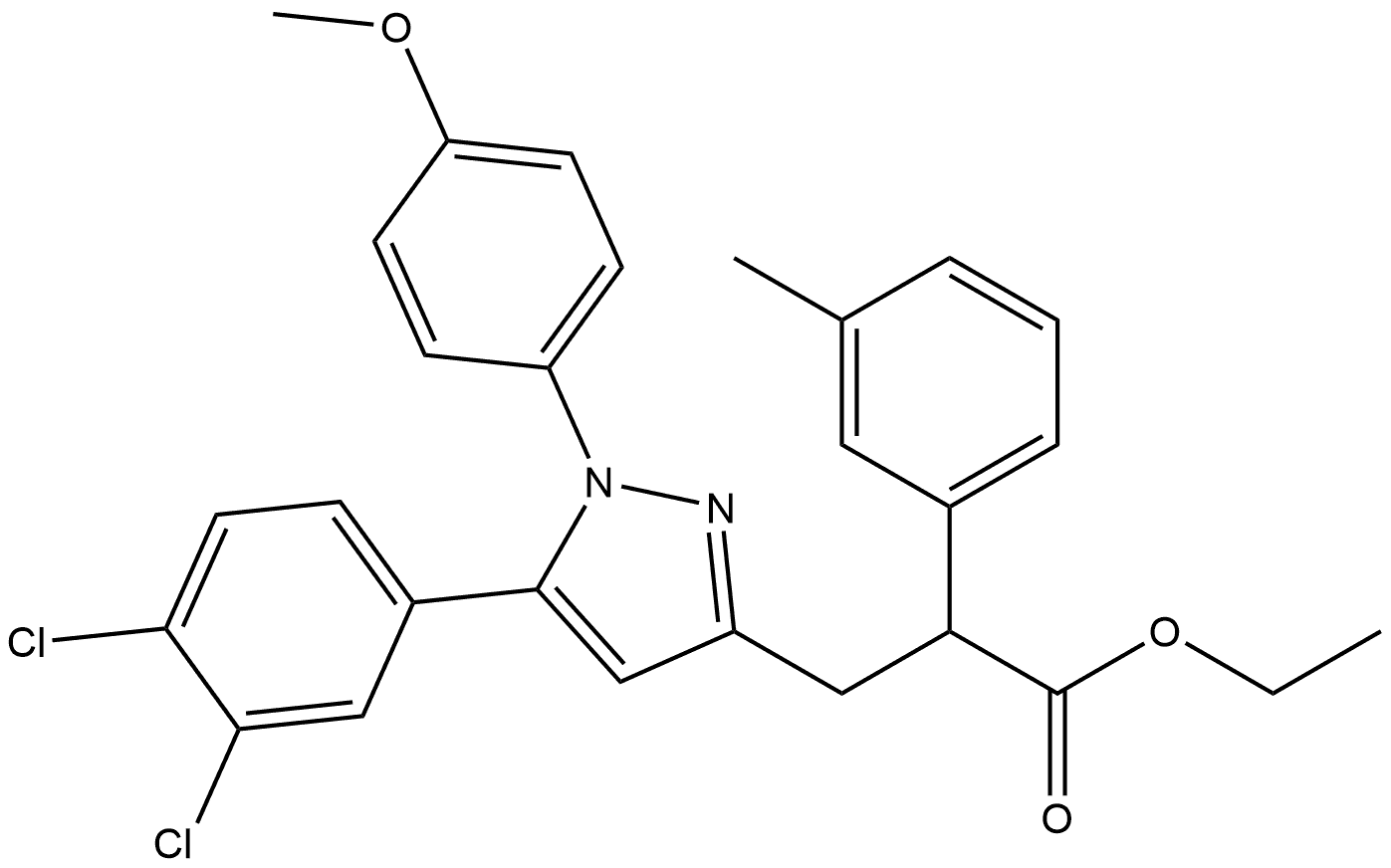 1H-Pyrazole-3-propanoic acid, 5-(3,4-dichlorophenyl)-1-(4-methoxyphenyl)-α-(3-methylphenyl)-, ethyl ester 구조식 이미지