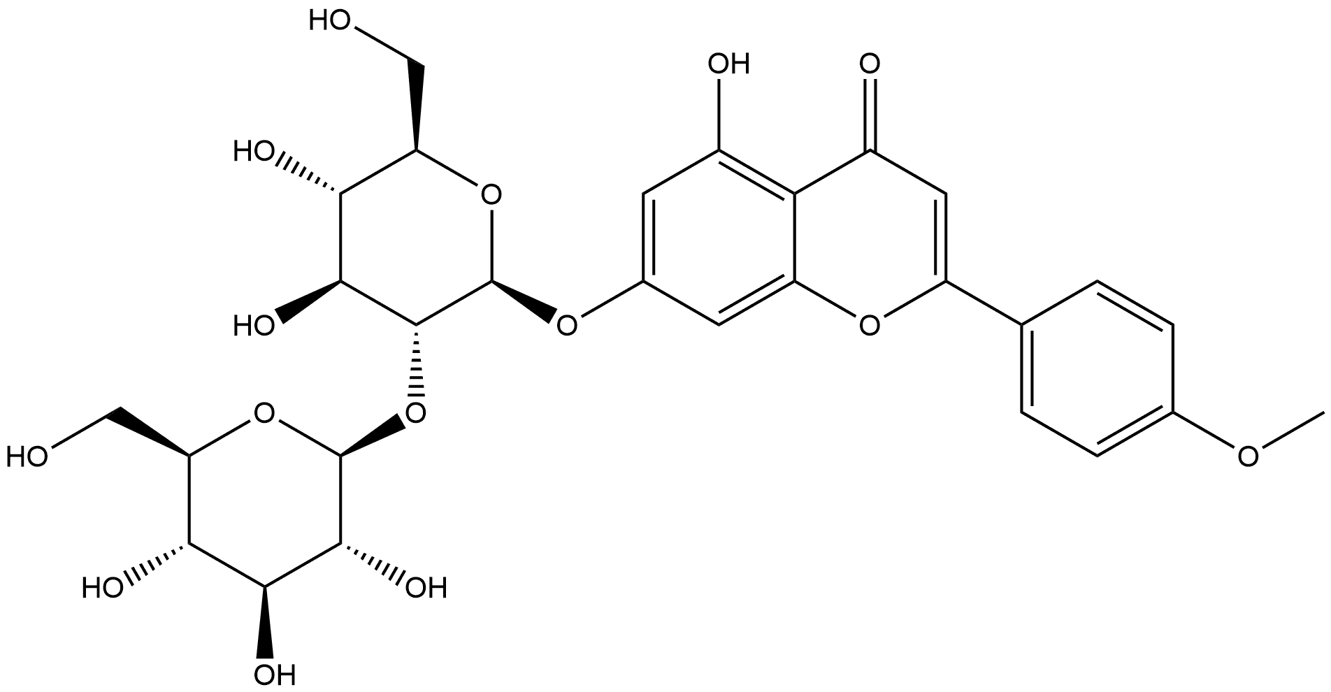 4H-1-Benzopyran-4-one, 7-[(2-O-β-D-glucopyranosyl-β-D-glucopyranosyl)oxy]-5-hydroxy-2-(4-methoxyphenyl)- Structure