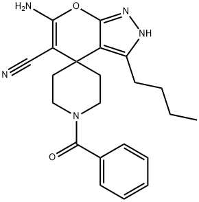6-amino-3-butyl-2,4-dihydropyrano[2,3-c]pyrazole-5-carbonitrile-4-spiro-4'-(1'-benzoylpiperidine) 구조식 이미지