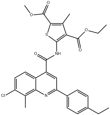 4-ethyl 2-methyl 5-(7-chloro-2-(4-ethylphenyl)-8-methylquinoline-4-carboxamido)-3-methylthiophene-2,4-dicarboxylate Structure