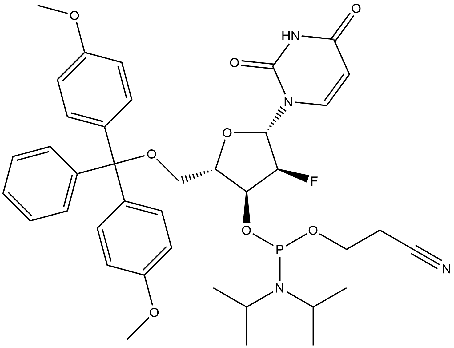 2,4(1H,3H)-Pyrimidinedione, 1-[5-O-[bis(4-methoxyphenyl)phenylmethyl]-3-O-[[bis(1-methylethyl)amino](2-cyanoethoxy)phosphino]-2-deoxy-2-fluoro-β-L-ribofuranosyl]- Structure