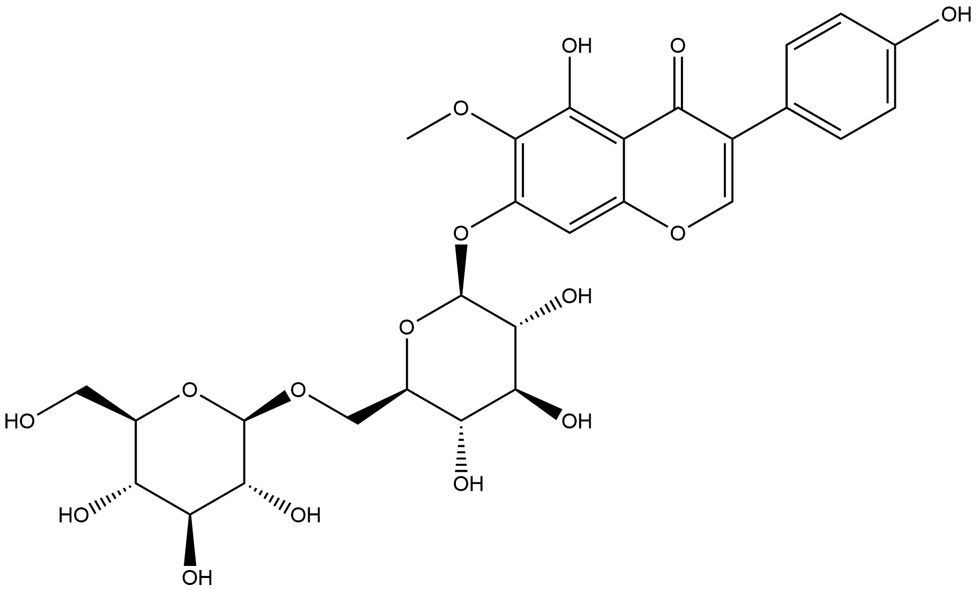 4H-1-Benzopyran-4-one, 7-[(6-O-β-D-glucopyranosyl-β-D-glucopyranosyl)oxy]-5-hydroxy-3-(4-hydroxyphenyl)-6-methoxy- 구조식 이미지