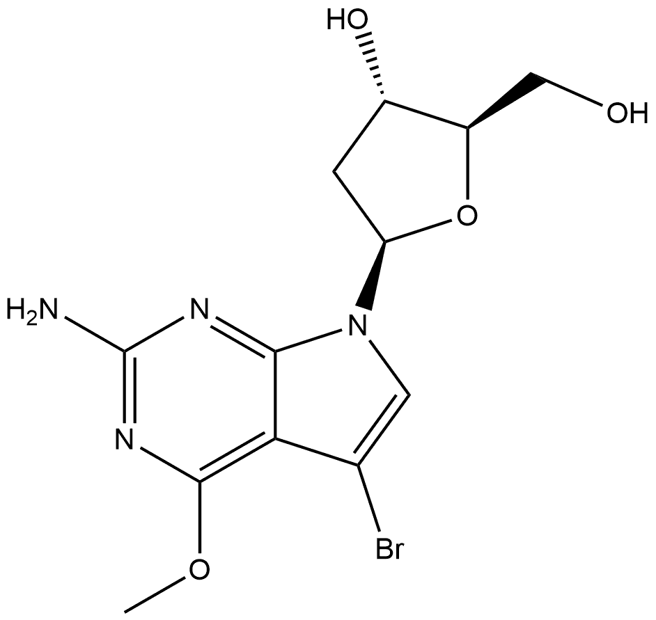 7H-Pyrrolo[2,3-d]pyrimidin-2-amine, 5-bromo-7-(2-deoxy-β-D-erythro-pentofuranosyl)-4-methoxy- 구조식 이미지