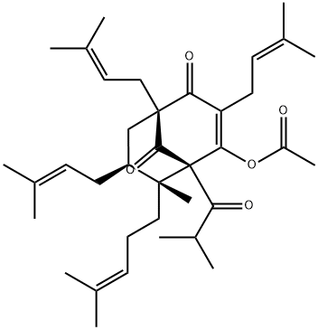 Bicyclo[3.3.1]non-3-ene-2,9-dione, 4-(acetyloxy)-6-methyl-1,3,7-tris(3-methyl-2-buten-1-yl)-5-(2-methyl-1-oxopropyl)-6-(4-methyl-3-penten-1-yl)-, (1R,5S,6R,7S)- Structure