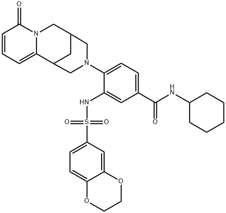 N-cyclohexyl-3-((2,3-dihydrobenzo[b][1,4]dioxine)-6-sulfonamido)-4-(8-oxo-1,5,6,8-tetrahydro-2H-1,5-methanopyrido[1,2-a][1,5]diazocin-3(4H)-yl)benzamide Structure