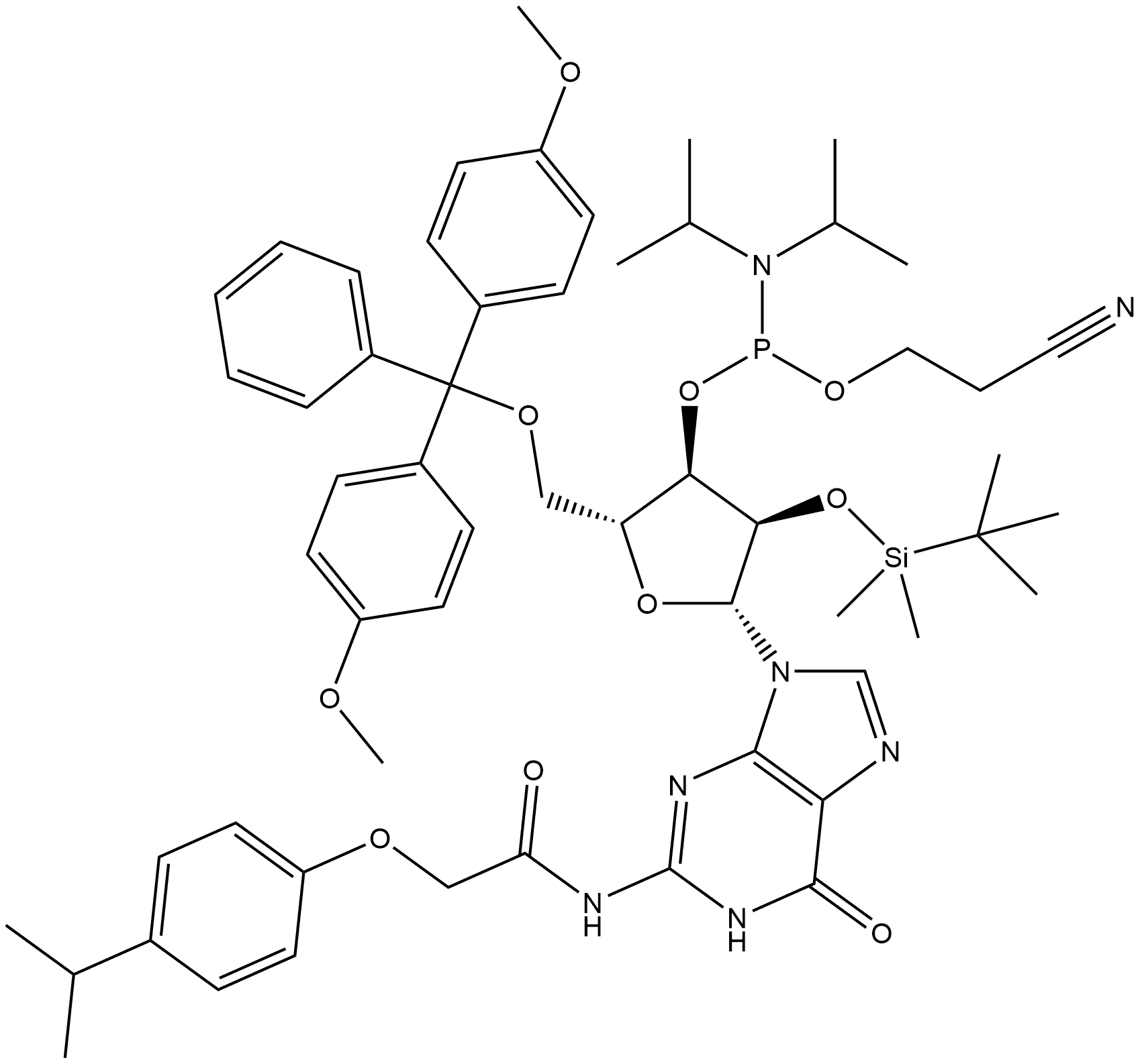 Guanosine, 5'-O-[bis(4-methoxyphenyl)phenylmethyl]-2'-O-[(1,1-dimethylethyl)dimethylsilyl]-N-[2-[4-(1-methylethyl)phenoxy]acetyl]-, 3'-[2-cyanoethyl N,N-bis(1-methylethyl)phosphoramidite] Structure