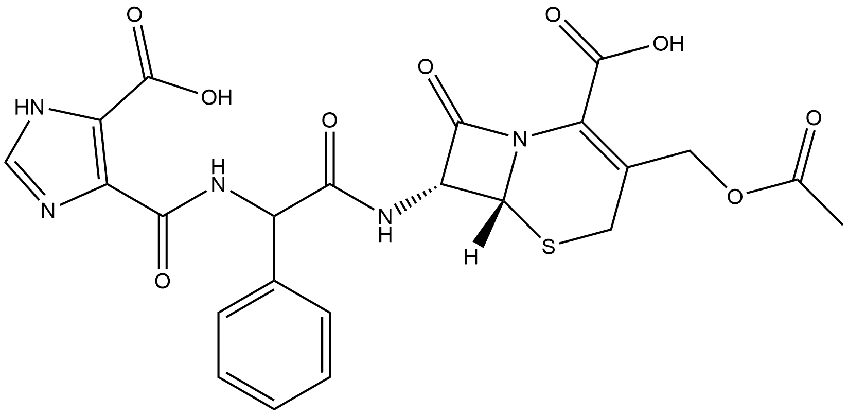 [6R-[6α,7β(R*)]]-3-[(Acetyloxy)methyl]-7-[[[[(5-carboxy-1H-imidazol-4-yl)carbonyl]amino]phenylacetyl]amino]-8-oxo-5-thia-1-azabicyclo[4.2.0]oct-2-ene-2-carboxylic Acid Structure