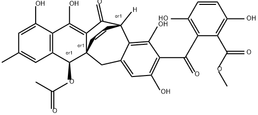 Benzoic acid, 2-[[(5aR,6S,13S)-6-(acetyloxy)-5,6,12,13-tetrahydro-1,3,10,11-tetrahydroxy-8-methyl-12-oxo-5a,13-etheno-5aH-benzo[4,5]cyclohepta[1,2-b]naphthalen-2-yl]carbonyl]-3,6-dihydroxy-, methyl ester, rel- Structure