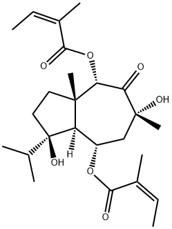 Bis[(Z)-2-methyl-2-butenoic acid](1R,8aR)-decahydro-1,6α-dihydroxy-3aβ,6-dimethyl-1-(1-methylethyl)-5-oxo-4α,8α-azulenediyl ester 구조식 이미지