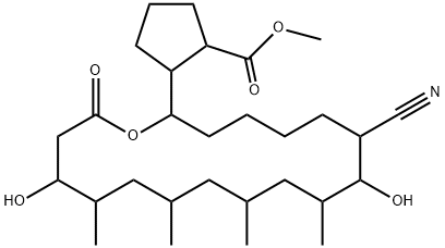 Cyclopentanecarboxylic acid, 2-(7-cyano-8,16-dihydroxy-9,11,13,15-tetramethyl-18-oxooxacyclooctadec-2-yl)-, methyl ester (8CI) Structure