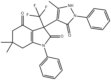 6,6-dimethyl-3-(5-methyl-3-oxo-2-phenyl-1H-pyrazol-4-yl)-1-phenyl-3-(trifluoromethyl)-5,7-dihydroindole-2,4-dione Structure