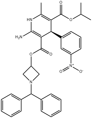 3,5-Pyridinedicarboxylic acid, 2-amino-1,4-dihydro-6-methyl-4-(3-nitrophenyl)-, 3-[1-(diphenylmethyl)-3-azetidinyl] 5-(1-methylethyl) ester, (4R)- Structure