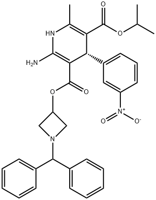 3,5-Pyridinedicarboxylic acid, 2-amino-1,4-dihydro-6-methyl-4-(3-nitrophenyl)-, 3-[1-(diphenylmethyl)-3-azetidinyl] 5-(1-methylethyl) ester, (4S)- Structure