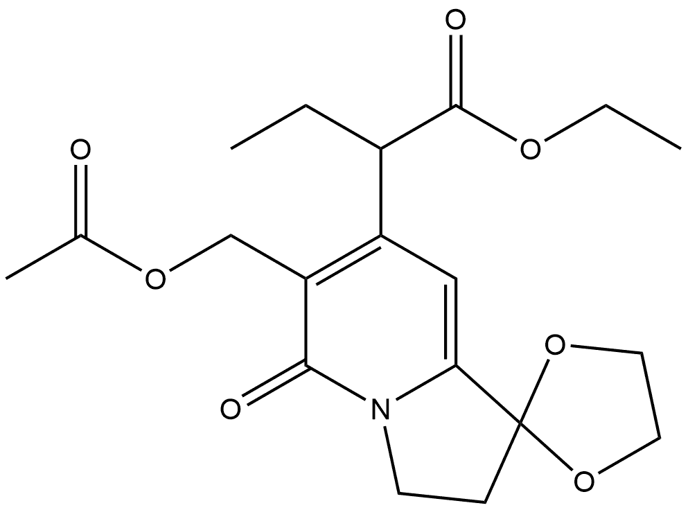 Spiro[1,3-dioxolane-2,1'(5'H)-indolizine]-7'-acetic acid, 6'-[(acetyloxy)methyl]-α-ethyl-2',3'-dihydro-5'-oxo-, ethyl ester Structure