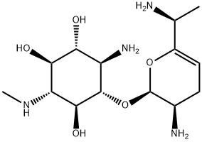 1-Amino-2-O-[(2S)-3α-amino-6-[(S)-1-aminoethyl]-3,4-dihydro-2H-pyran-2α-yl]-1,4-dideoxy-4-(methylamino)-D-scyllo-inositol 구조식 이미지