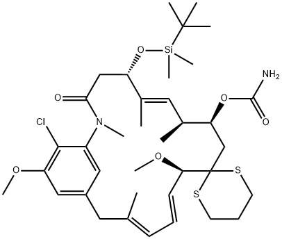 Spiro[2-azabicyclo[16.3.1]docosa-1(22),6,13,15,18,20-hexaene-11,2'-[1,3]dithian]-3-one, 9-[(aminocarbonyl)oxy]-21-chloro-5-[[(1,1-dimethylethyl)dimethylsilyl]oxy]-12,20-dimethoxy-2,6,8,16-tetramethyl-, [5S-(5R*,6E,8R*,9R*,12S*,13E,15E)]- (9CI) Structure