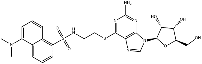 N-(2-((2-Amino-9-((2R,3R,4S,5R)-3,4-dihydroxy-5-(hydroxymethyl)tetrahydrofuran-2-yl)-9H-purin-6-yl)thio)ethyl)-5-(dimethylamino)naphthalene-1-sulfonamide Structure