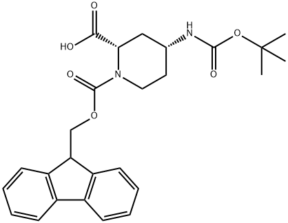 1,2-Piperidinedicarboxylic acid, 4-[[(1,1-dimethylethoxy)carbonyl]amino]-, 1-(9H-fluoren-9-ylmethyl) ester, (2S,4R)- 구조식 이미지