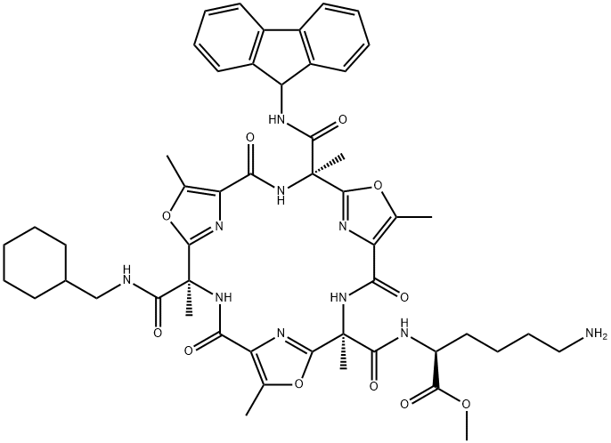L-Lysine, N2-[[(4R,11R,18R)-11-[[(cyclohexylmethyl)amino]carbonyl]-18-[(9H-fluoren-9-ylamino)carbonyl]-4,7,11,14,18,21-hexamethyl-2,9,16-trioxo-6,13,20-trioxa-3,10,17,22,23,24-hexaazatetracyclo[17.2.1.15,8.112,15]tetracosa-5(24),7,12(23),14,19(22),21-hexaen-4-yl]carbonyl]-, methyl ester Structure