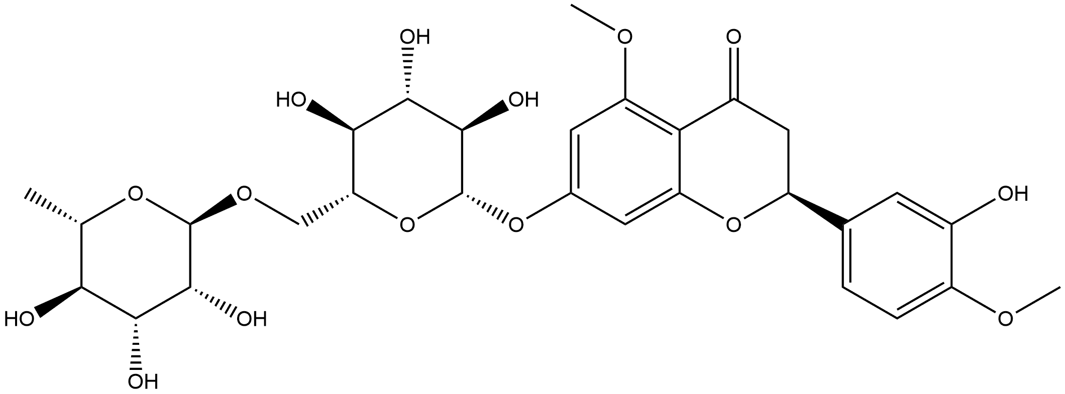 4H-1-Benzopyran-4-one, 7-[[6-O-(6-deoxy-α-L-mannopyranosyl)-β-D-glucopyranosyl]oxy]-2,3-dihydro-2-(3-hydroxy-4-methoxyphenyl)-5-methoxy-, (2S)- Structure