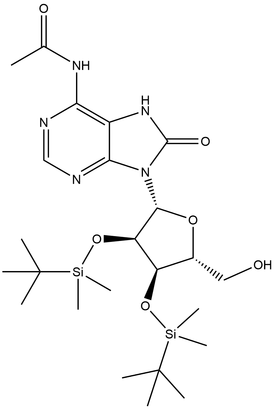 Adenosine, N-acetyl-2′,3′-bis-O-[(1,1-dimethylethyl)dimethylsilyl]-7,8-dihydro-8-oxo- Structure