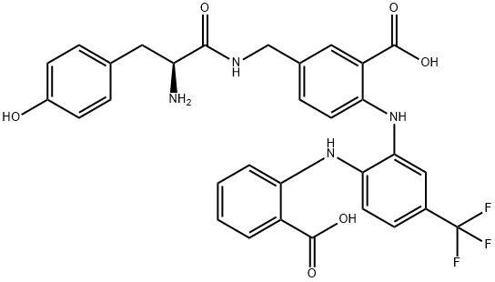 Benzoic  acid,  5-[[[(2S)-2-amino-3-(4-hydroxyphenyl)-1-oxopropyl]amino]methyl]-2-[[2-[(2-carboxyphenyl)amino]-5- 구조식 이미지