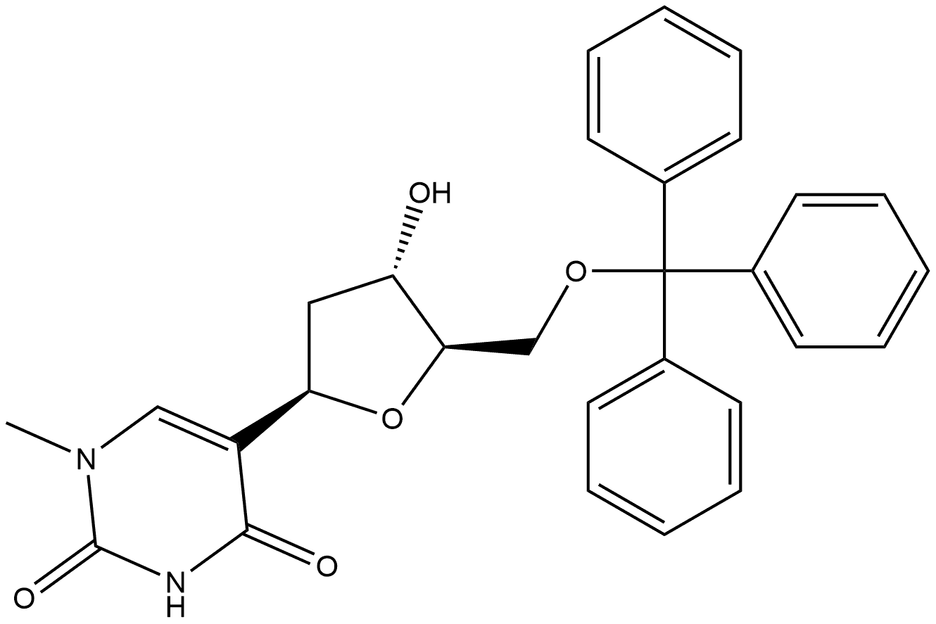 2,4(1H,3H)-Pyrimidinedione, 5-[2-deoxy-5-O-(triphenylmethyl)-β-D-erythro-pentofuranosyl]-1-methyl- Structure