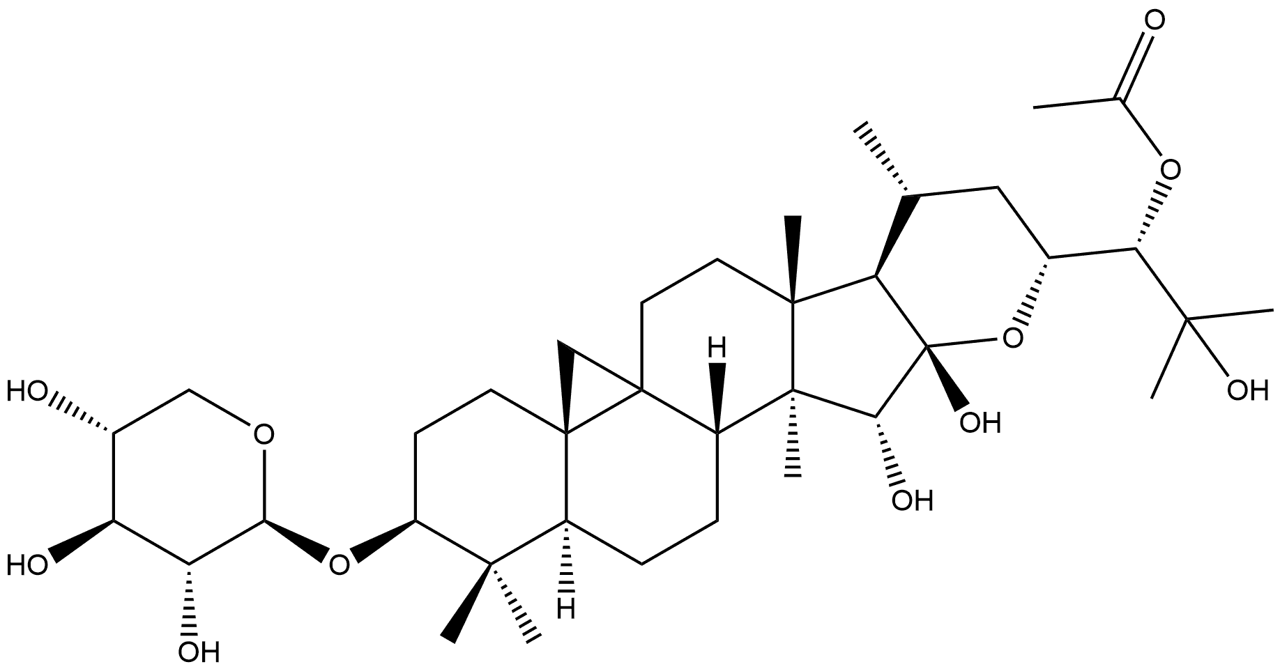 9,19-Cyclolanostane-15,16,24,25-tetrol, 16,23-epoxy-3-(β-D-xylopyranosyloxy)-, 24-acetate, (3β,15α,16β,23R,24S)- 구조식 이미지